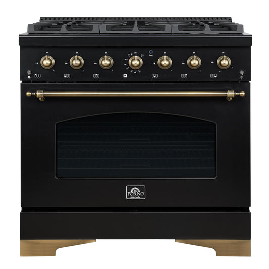 Forno FFSGS611336BLK Forno Antico 36-Inch Dual Fuel Range, Black And Antique Brass, 6 Burners, 4.5 Cu.Ft. Convection Oven