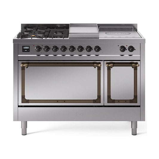 Ilve UN48FSQNMPSSBLP Ilve Un48Fsqnmpssblp Nostalgie Ii Noblesse 48" Dual Fuel Range (5 Sealed Burners + Griddle + French Top, Liquid Propane, Solid Door, Stainless Steel, Burnished)