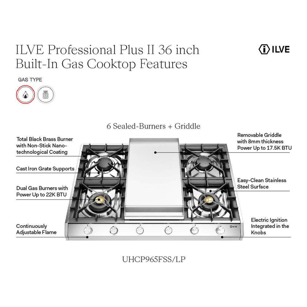 Ilve UHCP965FSSLP Ilve Uhcp965Fsslp Professional Plus Ii 36 Inch Gas Cooktop With Griddle, In Stainless Steel (Liquid Propane)
