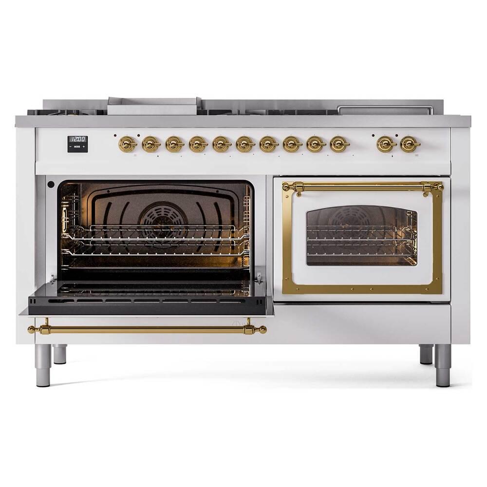 Ilve UN60FSNMPWHG Ilve Un60Fsnmpwhg Nostalgie Ii Noblesse 60" Dual Fuel Range (7 Sealed Burners + Griddle + French Top, Natural Gas, Triple Glass Door, White, Brass)