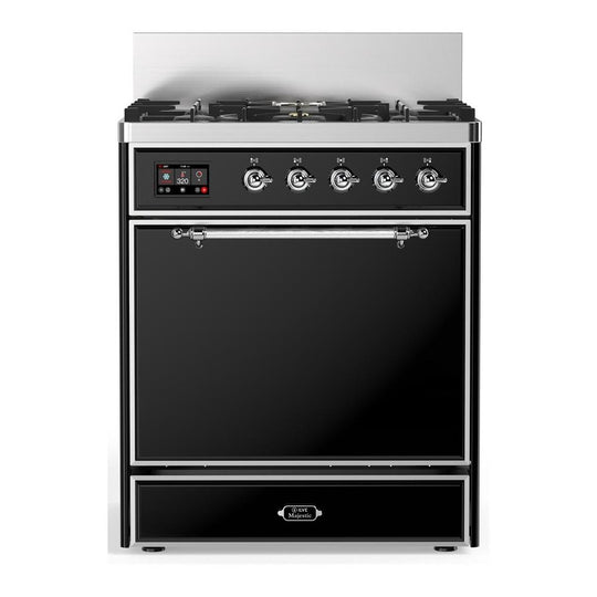 Ilve UM30QNR3BKC Ilve Um30Qnr3Bkc Majestic Iii 30 Inch Dual Fuel Range With 5 Black Brass Burners, Dual Function Burner Up To 25,000 Btu (Natural Gas, Solid Door, Glossy Black, Chrome)