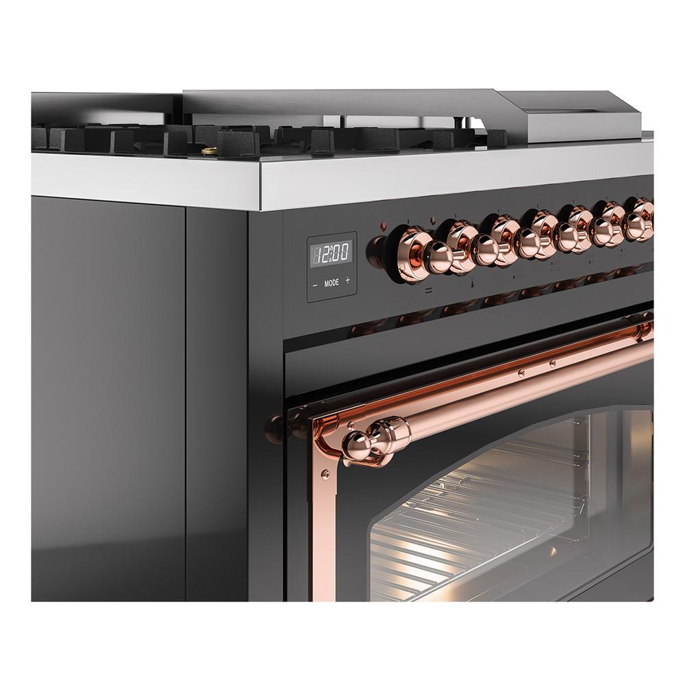 Ilve UN48FSNMPBKPLP Ilve Un48Fsnmpbkplp Nostalgie Ii Noblesse 48" Dual Fuel Range (5 Sealed Burners + Griddle + French Top, Liquid Propane, Triple Glass Door, Glossy Black, Copper)