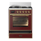 Ilve UM30NR3BUG Ilve Um30Nr3Bug Majestic Iii 30 Inch Dual Fuel Range With 5 Black Brass Burners, Dual Function Burner Up To 25,000 Btu (Natural Gas, Triple Glass Door, Burgundy, Brass)