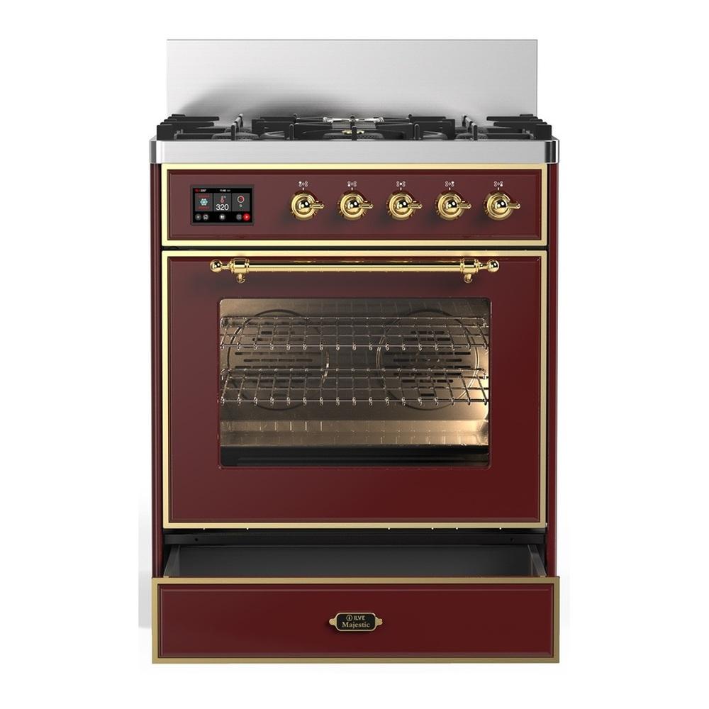 Ilve UM30NR3BUG Ilve Um30Nr3Bug Majestic Iii 30 Inch Dual Fuel Range With 5 Black Brass Burners, Dual Function Burner Up To 25,000 Btu (Natural Gas, Triple Glass Door, Burgundy, Brass)
