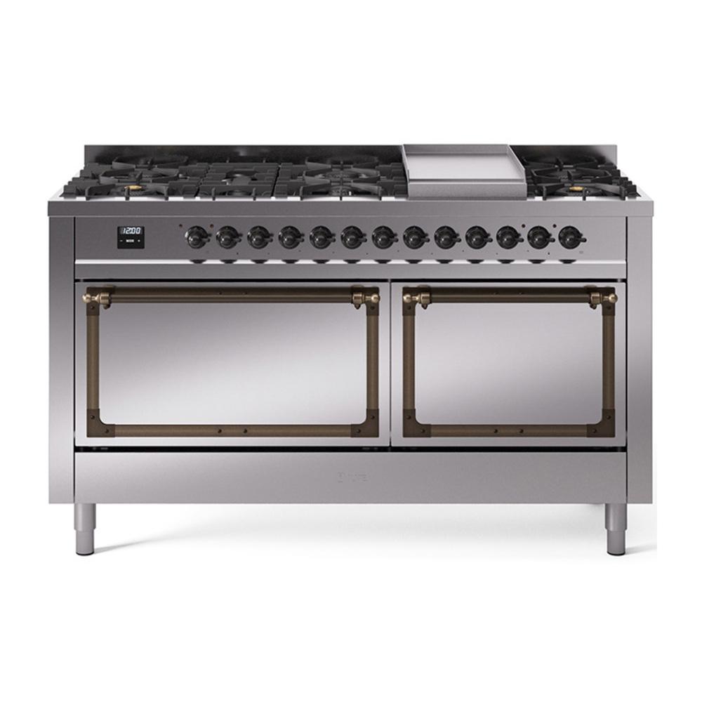 Ilve UN60FQNMPSSBLP Ilve Un60Fqnmpssblp Nostalgie Ii Noblesse 60" Dual Fuel Range (9 Sealed Burners + Griddle, Liquid Propane, Solid Door, Stainless Steel, Burnished)