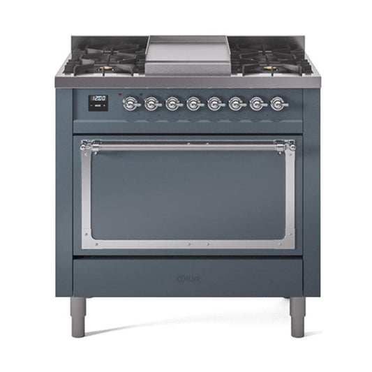 Ilve UN36FQNMPBGC Ilve Un36Fqnmpbgc Nostalgie Ii Noblesse 36" Dual Fuel Range (Natural Gas, Solid Door, Blue Grey, Chrome)