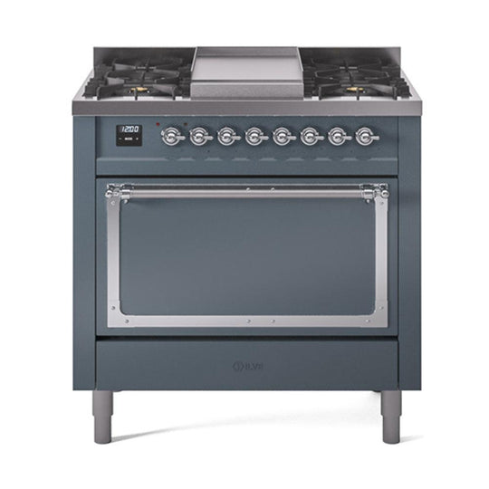 Ilve UN36FQNMPBGC Ilve Un36Fqnmpbgc Nostalgie Ii Noblesse 36" Dual Fuel Range (Natural Gas, Solid Door, Blue Grey, Chrome)