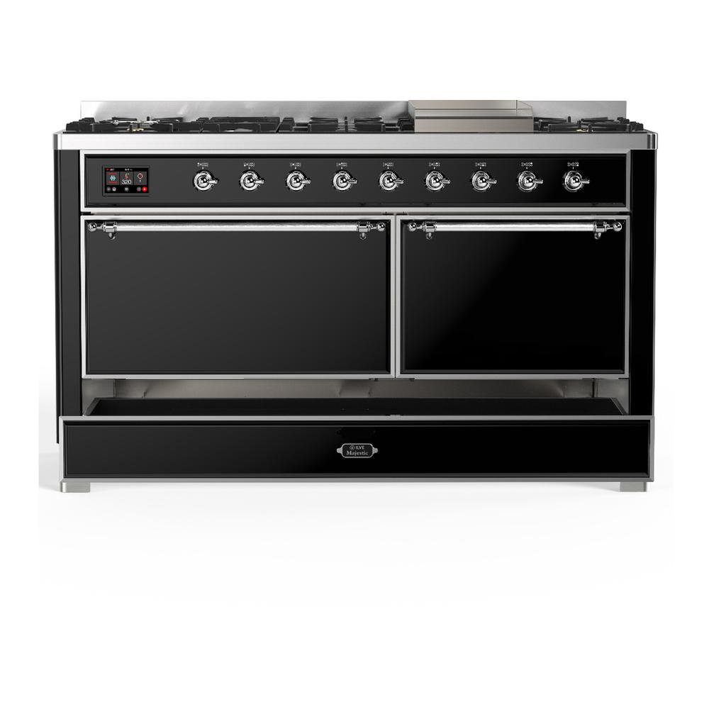 Ilve UM60FQNR3BKC Ilve Um60Fqnr3Bkc Majestic Iii 60 Inch Dual Fuel Range With 9 Burners And Griddle, Dual Function Burner Up To 25,000 Btu (Natural Gas, Solid Door, Glossy Black, Chrome)