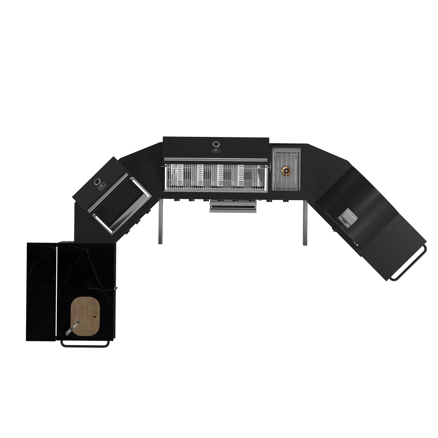 Forno FODKT2568BLK Forno All Aperto 99,600 Btu Outdoor Kitchen, 5 Burners, Infrared Burners, Side Burner, Black Sintered Stone Countertops, Gas Pizza Oven, Sink Module, Bar & Beverage Center
