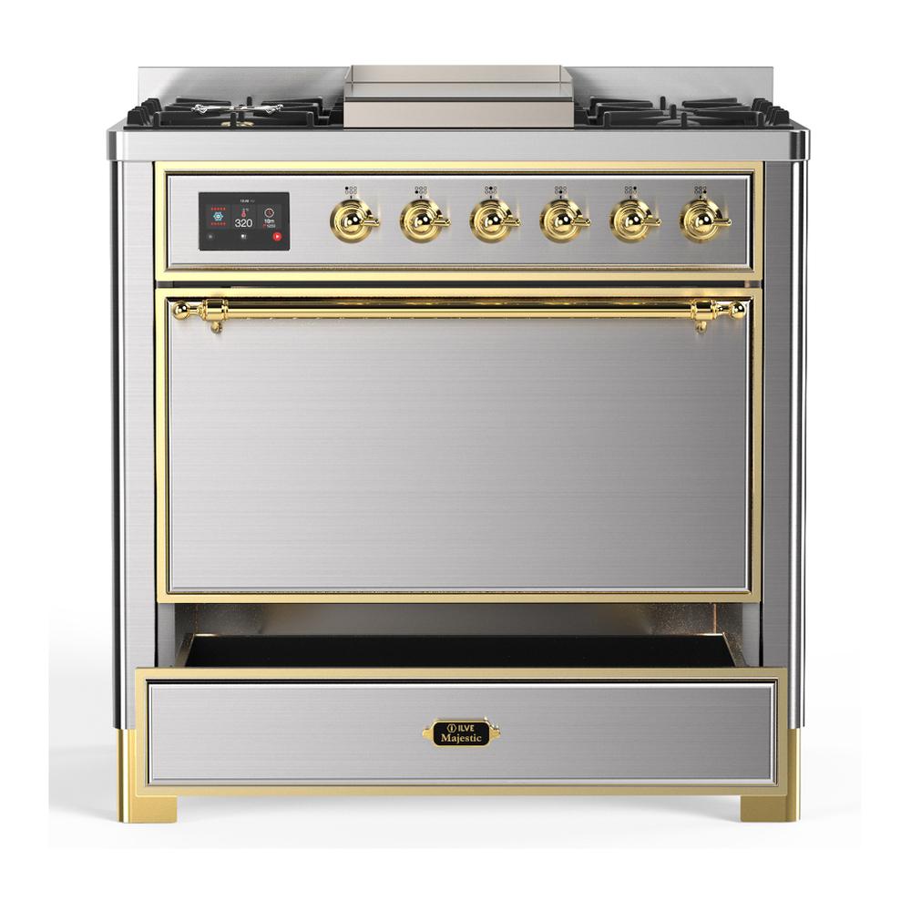Ilve UM36FQNR3SSG Ilve Um36Fqnr3Ssg Majestic Iii 36 Inch Dual Fuel Range With 6 Black Brass Burners And Griddle, Dual Function Burner Up To 25,000 Btu (Solid Door, Stainless Steel, Brass, Natural Gas)