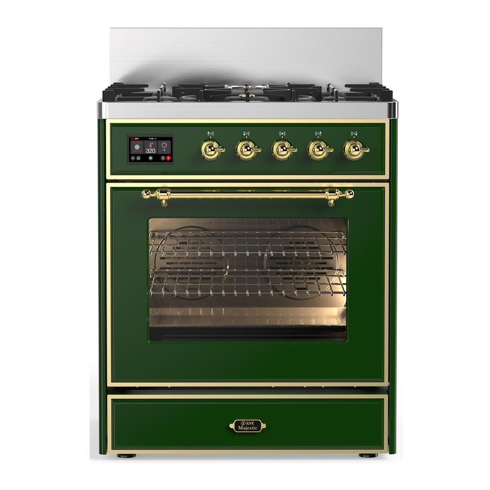 Ilve UM30NR3EGG Ilve Um30Nr3Egg Majestic Iii 30 Inch Dual Fuel Range With 5 Black Brass Burners, Dual Function Burner Up To 25,000 Btu (Natural Gas, Triple Glass Door, Emerald Green, Brass)