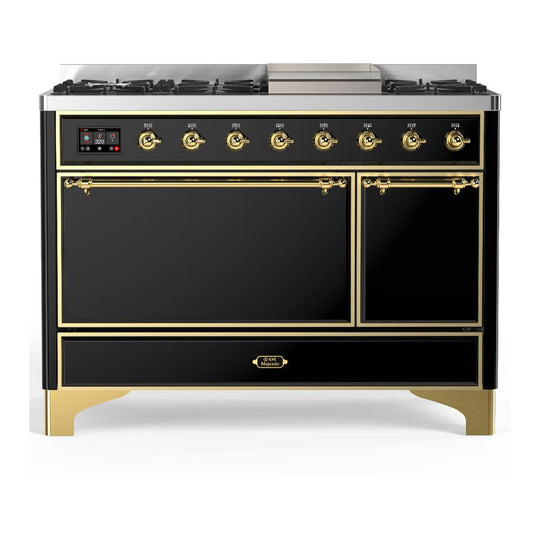 Ilve UM48FQNR3BKG Ilve Um48Fqnr3Bkg Majestic Iii 48 Inch Dual Fuel Range With 8 Burners And Griddle, Dual Function Burner Up To 25,000 Btu (Natural Gas, Solid Door, Glossy Black, Brass)