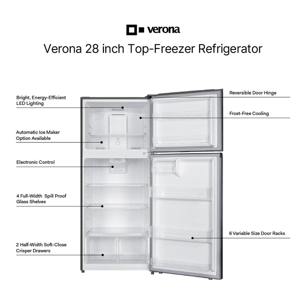 Verona VEFTF2817RBK Verona Veftf2817Rbk 28 Inch Top Freezer Refrigerator With 17.6 Cu. Ft. Total Capacity, Reversible Doors, Recessed Handle, Energy Star (Black)
