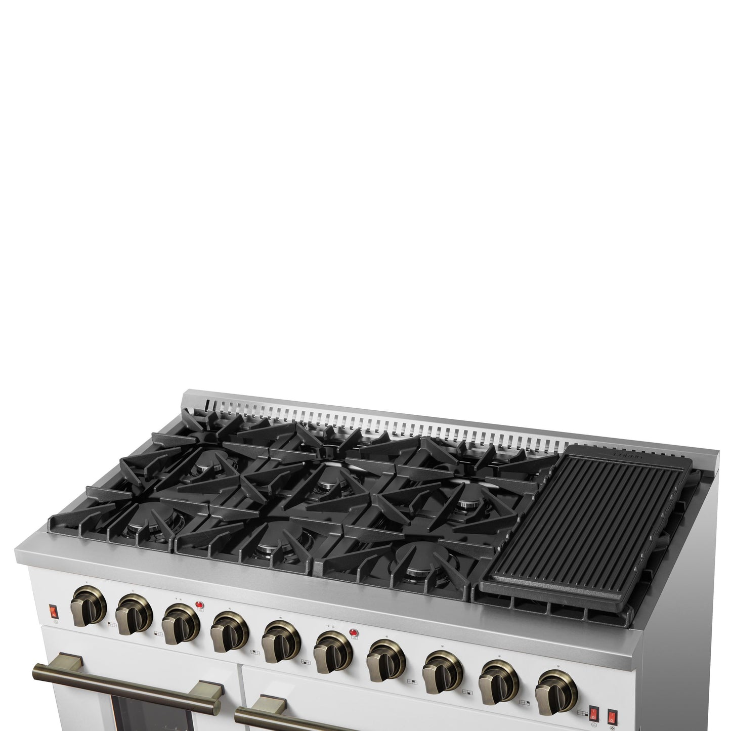 Forno FFSGS624448WHT Forno Galiano 48-Inch Gas Range White & Antique Brass Design, 8 Burners, 107,000 Btu, Griddle, 6.58 Cu.Ft. Double Ovens