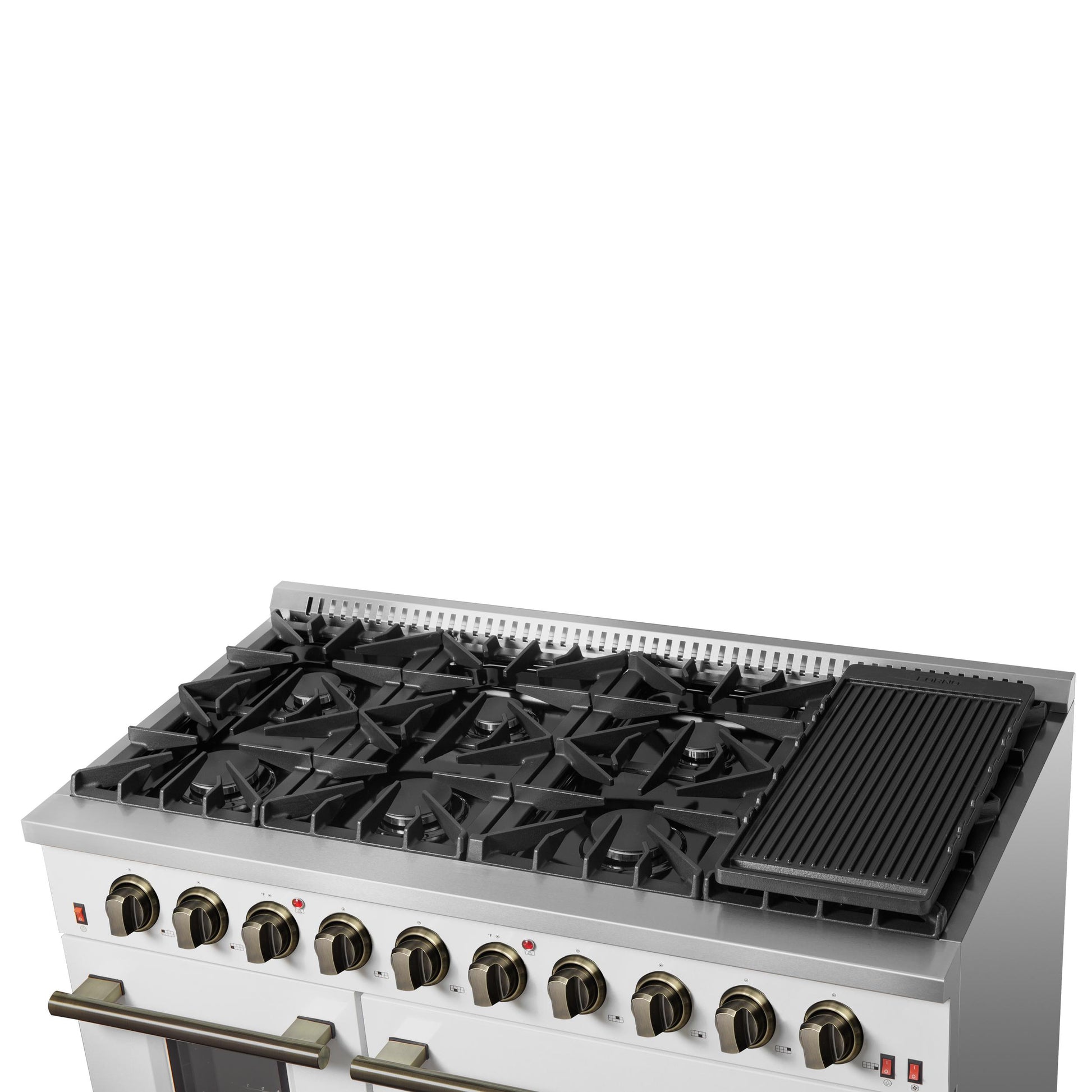 Forno FFSGS624448WHT Forno Galiano 48-Inch Gas Range White & Antique Brass Design, 8 Burners, 107,000 Btu, Griddle, 6.58 Cu.Ft. Double Ovens