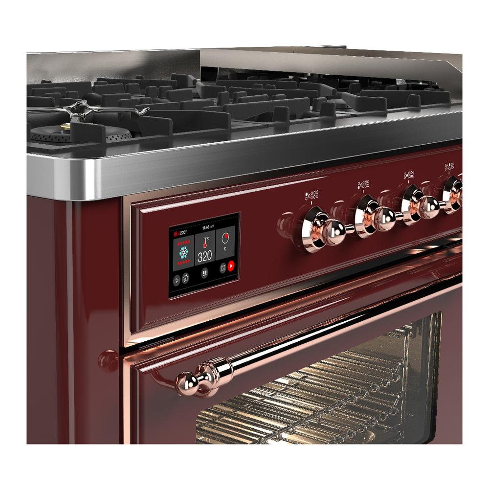 Ilve UM60FNR3BUP Ilve Um60Fnr3Bup Majestic Iii 60 Inch Dual Fuel Range With 9 Burners And Griddle, Dual Function Burner Up To 25,000 Btu (Natural Gas, Triple Glass Door, Burgundy, Copper)