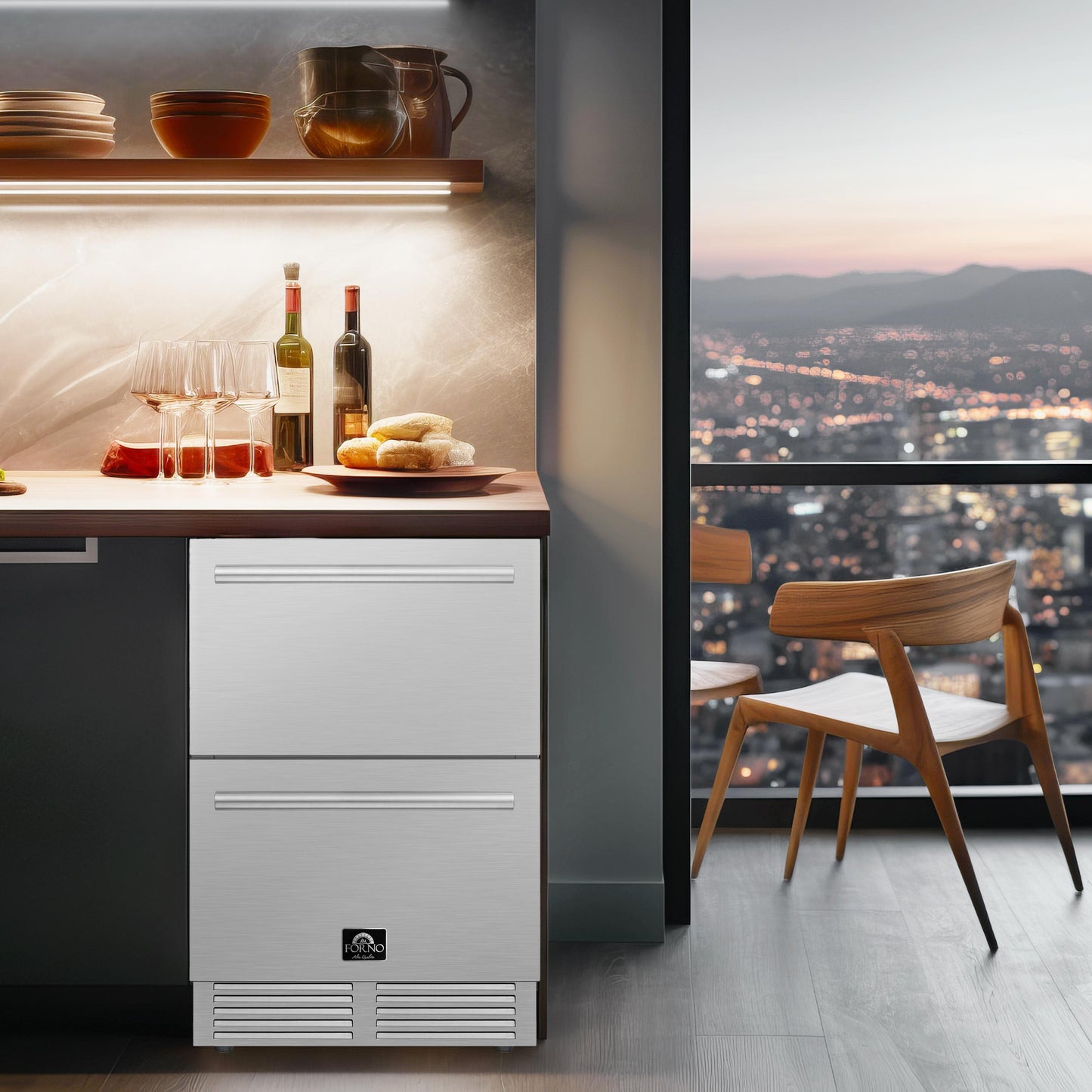 Forno FDROD161124S Forno Como 24-Inch Indoor Outdoor Drawer Refrigerator, 4.87 Cu.Ft, Stainless Steel Interior, Adjustable Shelves, Led Lighting