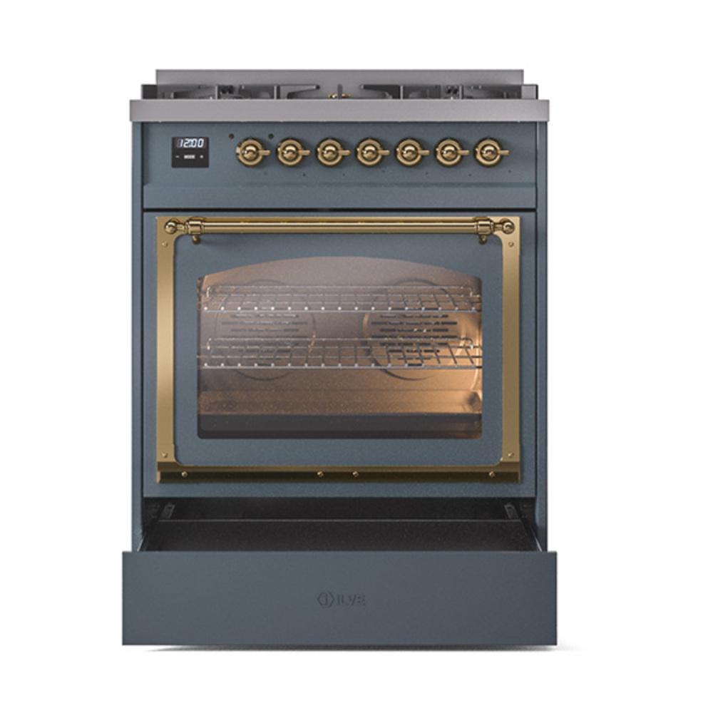 Ilve UN30NMPBGG Ilve Un30Nmpbgg Nostalgie Ii Noblesse 30" Dual Fuel Range (Natural Gas, Triple Glass Door, Blue Grey, Brass)