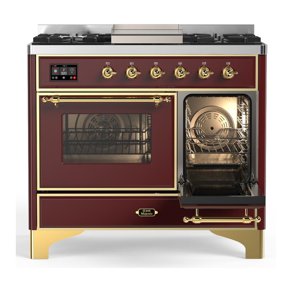 Ilve UMD40FNR3BUG Ilve Umd40Fnr3Bug Majestic Iii 40 Inch Dual Fuel Range With 6 Burners And Griddle, Dual Function Burner Up To 25,000 Btu (Natural Gas, Triple Glass Door, Burgundy, Brass)