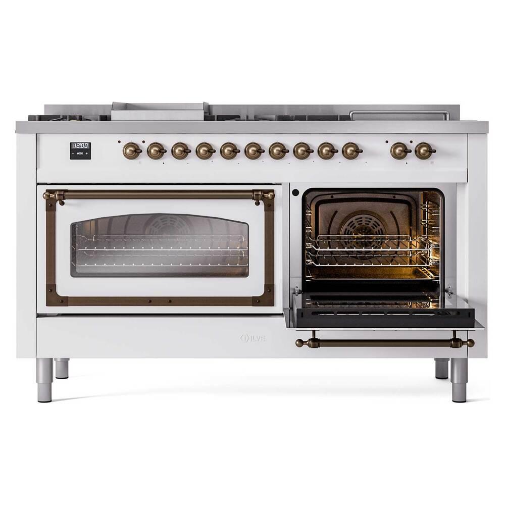 Ilve UN60FSNMPWHB Ilve Un60Fsnmpwhb Nostalgie Ii Noblesse 60" Dual Fuel Range (7 Sealed Burners + Griddle + French Top, Natural Gas, Triple Glass Door, White, Burnished)