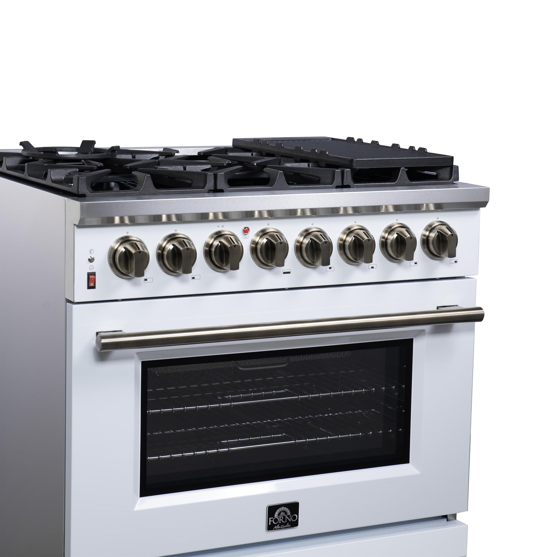 Forno FFSGS612536WHT Forno Massimo 36 Inch Freestanding Dual Fuel Range In White With Antique Brass Accessories, 6 Burners, 5.36 Cu. Ft. Convection Oven