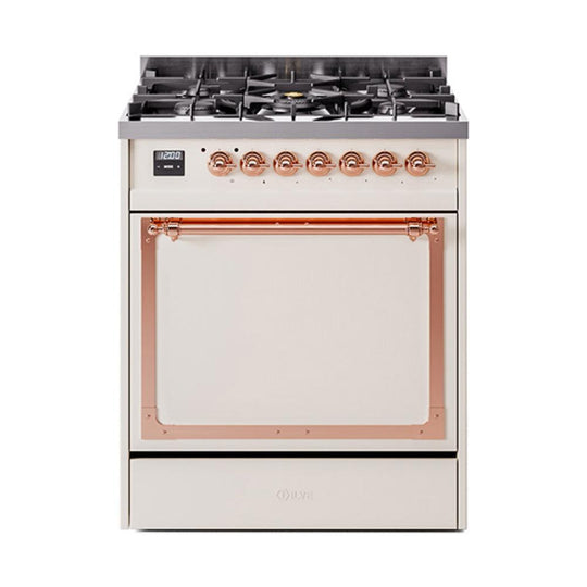 Ilve UN30QNMPAWPLP Ilve Un30Qnmpawplp Nostalgie Ii Noblesse 30" Dual Fuel Range (Liquid Propane, Solid Door, Antique White, Copper)