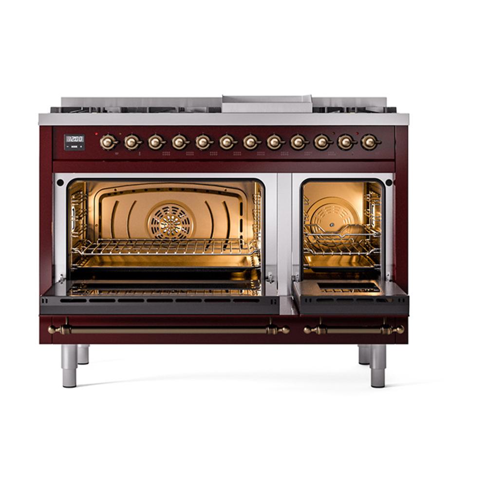 Ilve UN48FQNMPBUBLP Ilve Un48Fqnmpbublp Nostalgie Ii Noblesse 48" Dual Fuel Range (8 Sealed Burners + Griddle, Liquid Propane, Solid Door, Burgundy, Burnished)