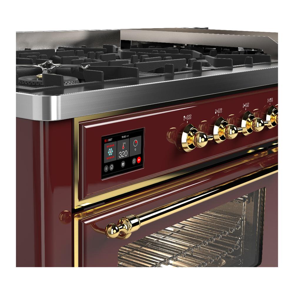 Ilve UM60FNR3BUG Ilve Um60Fnr3Bug Majestic Iii 60 Inch Dual Fuel Range With 9 Burners And Griddle, Dual Function Burner Up To 25,000 Btu (Natural Gas, Triple Glass Door, Burgundy, Brass)