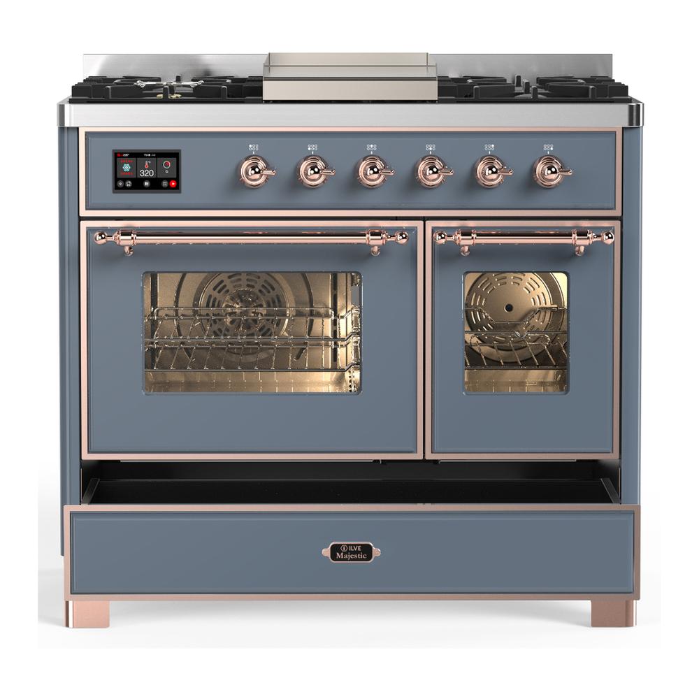 Ilve UMD40FNR3BGPLP Ilve Umd40Fnr3Bgplp Majestic Iii 40 Inch Dual Fuel Range With 6 Burners And Griddle, Dual Function Burner Up To 25,000 Btu (Liquid Propane, Triple Glass Door, Blue Grey, Copper)