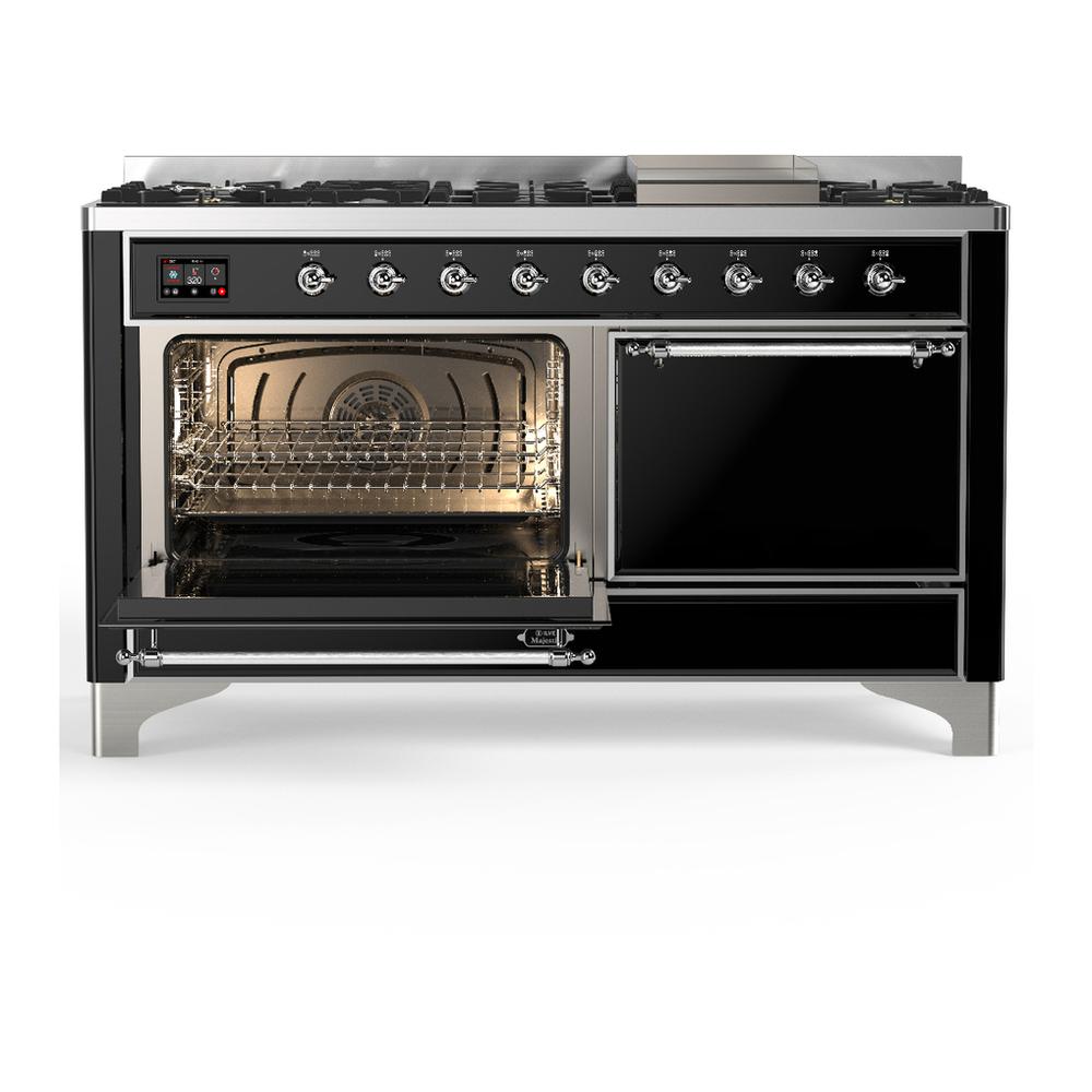 Ilve UM60FQNR3BKC Ilve Um60Fqnr3Bkc Majestic Iii 60 Inch Dual Fuel Range With 9 Burners And Griddle, Dual Function Burner Up To 25,000 Btu (Natural Gas, Solid Door, Glossy Black, Chrome)