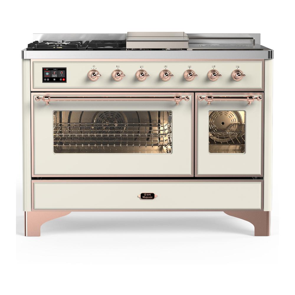 Ilve UM48FSNR3AWP Ilve Um48Fsnr3Awp Majestic Iii 48 Inch Dual Fuel Range With 5 Black Brass Burners, Griddle And French Top, Dual Function Burner Up To 25,000 Btu (Natural Gas, Triple Glass Door, Antique White, Copper)