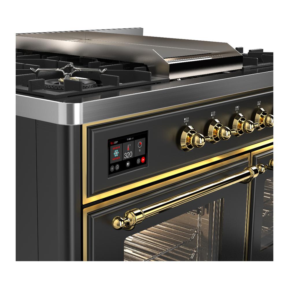 Ilve UMD40FNR3MGGLP Ilve Umd40Fnr3Mgglp Majestic Iii 40 Inch Dual Fuel Range With 6 Burners And Griddle, Dual Function Burner Up To 25,000 Btu (Liquid Propane, Triple Glass Door, Graphite Matte, Brass)