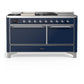 Ilve UM60FSQNR3MBCLP Ilve Um60Fsqnr3Mbclp Majestic Iii 60 Inch Dual Fuel Range With 7 Burners, Griddle And French Top, Dual Function Burner With Up To 25,000 Btu (Liquid Propane, Solid Door, Midnight Blue, Chrome)