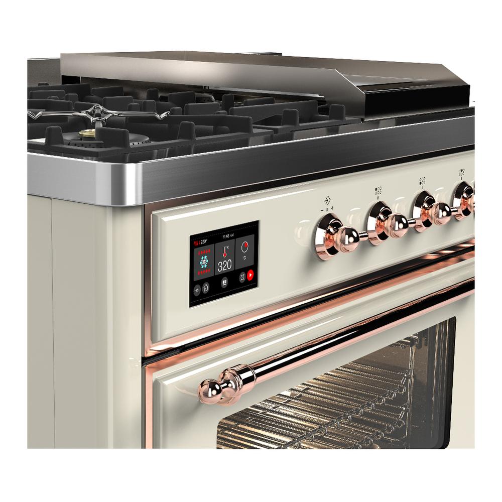 Ilve UM48FSNR3AWP Ilve Um48Fsnr3Awp Majestic Iii 48 Inch Dual Fuel Range With 5 Black Brass Burners, Griddle And French Top, Dual Function Burner Up To 25,000 Btu (Natural Gas, Triple Glass Door, Antique White, Copper)
