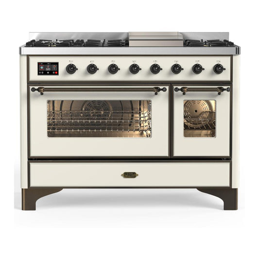 Ilve UM48FNR3AWBLP Ilve Um48Fnr3Awblp Majestic Iii 48 Inch Dual Fuel Range With 8 Burners And Griddle, Dual Function Burner Up To 25,000 Btu (Liquid Propane, Triple Glass Door, Antique White, Burnished)