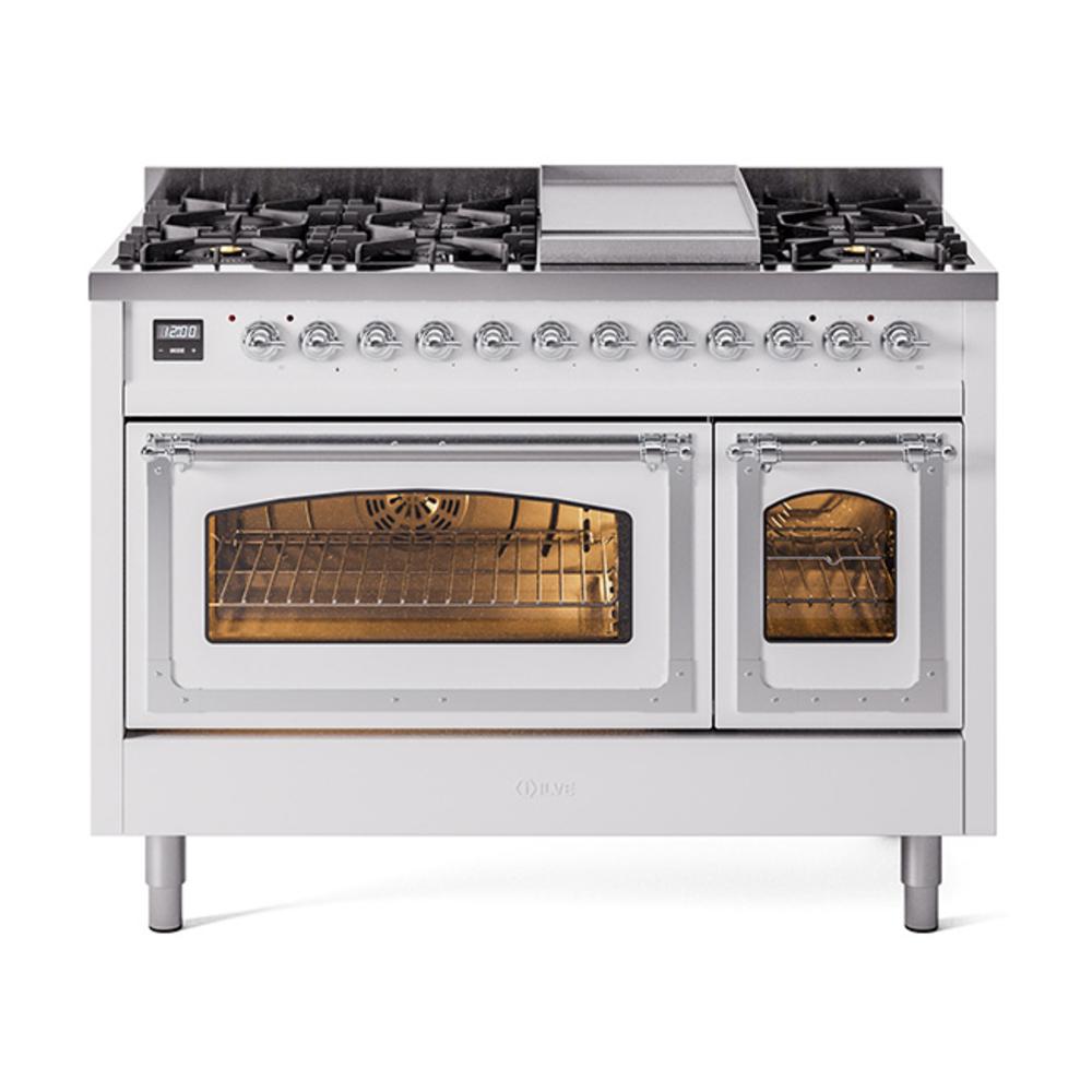 Ilve UN48FNMPWHC Ilve Un48Fnmpwhc Nostalgie Ii Noblesse 48" Dual Fuel Range (8 Sealed Burners + Griddle, Natural Gas, Triple Glass Door, White, Chrome)