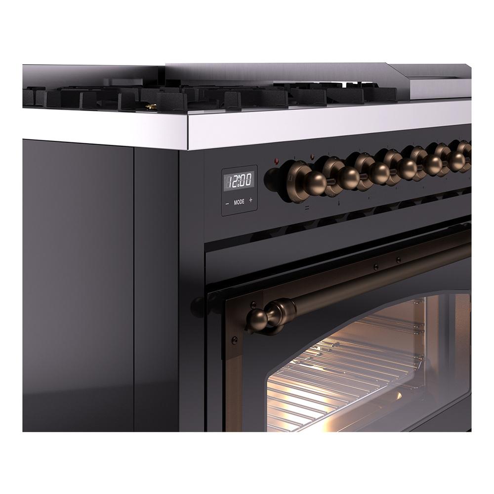 Ilve UN48FNMPBKBLP Ilve Un48Fnmpbkblp Nostalgie Ii Noblesse 48" Dual Fuel Range (8 Sealed Burners + Griddle, Liquid Propane, Triple Glass Door, Glossy Black, Burnished)
