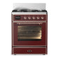 Ilve UM30NR3BUP Ilve Um30Nr3Bup Majestic Iii 30 Inch Dual Fuel Range With 5 Black Brass Burners, Dual Function Burner Up To 25,000 Btu (Natural Gas, Triple Glass Door, Burgundy, Copper)