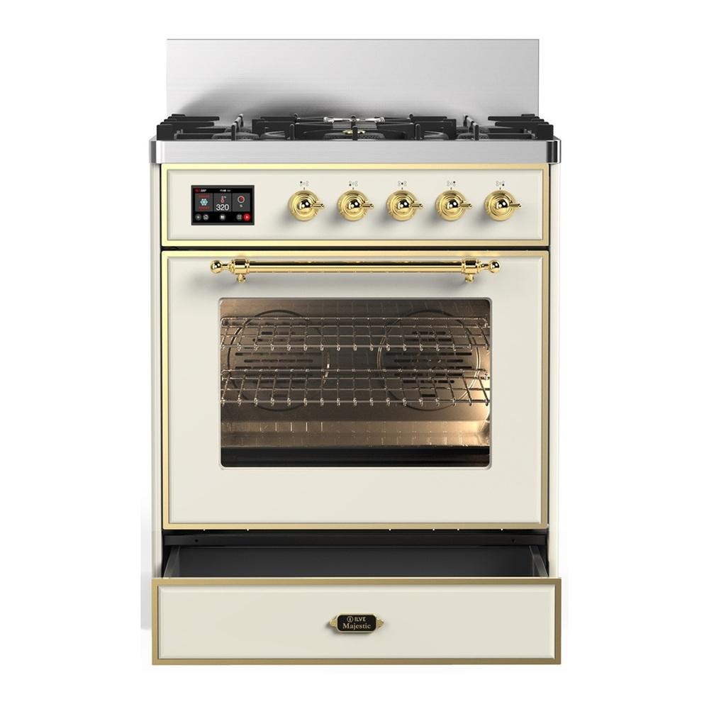 Ilve UM30NR3AWGLP Ilve Um30Nr3Awglp Majestic Iii 30 Inch Dual Fuel Range With 5 Black Brass Burners, Dual Function Burner Up To 25,000 Btu (Liquid Propane, Triple Glass Door, Antique White, Brass)