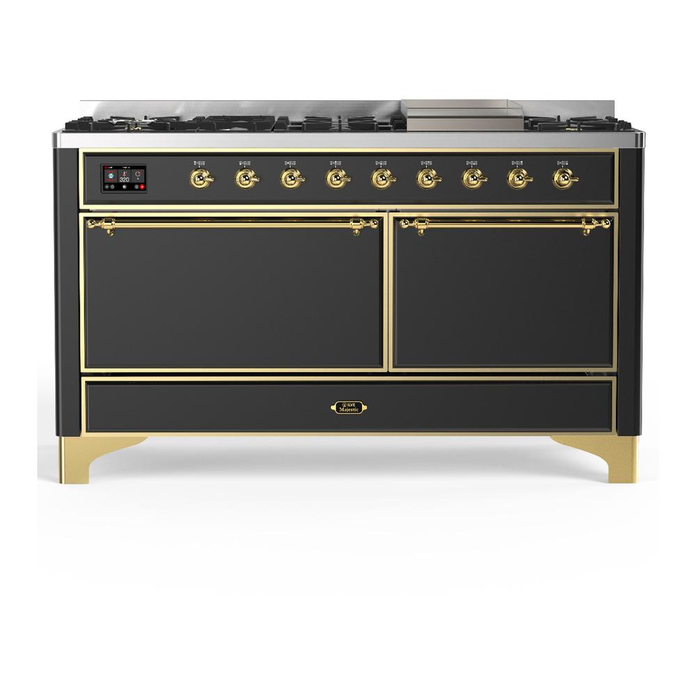 Ilve UM60FQNR3MGGLP Ilve Um60Fqnr3Mgglp Majestic Iii 60 Inch Dual Fuel Range With 9 Burners And Griddle, Dual Function Burner Up To 25,000 Btu (Liquid Propane, Solid Door, Graphite Matte, Brass)