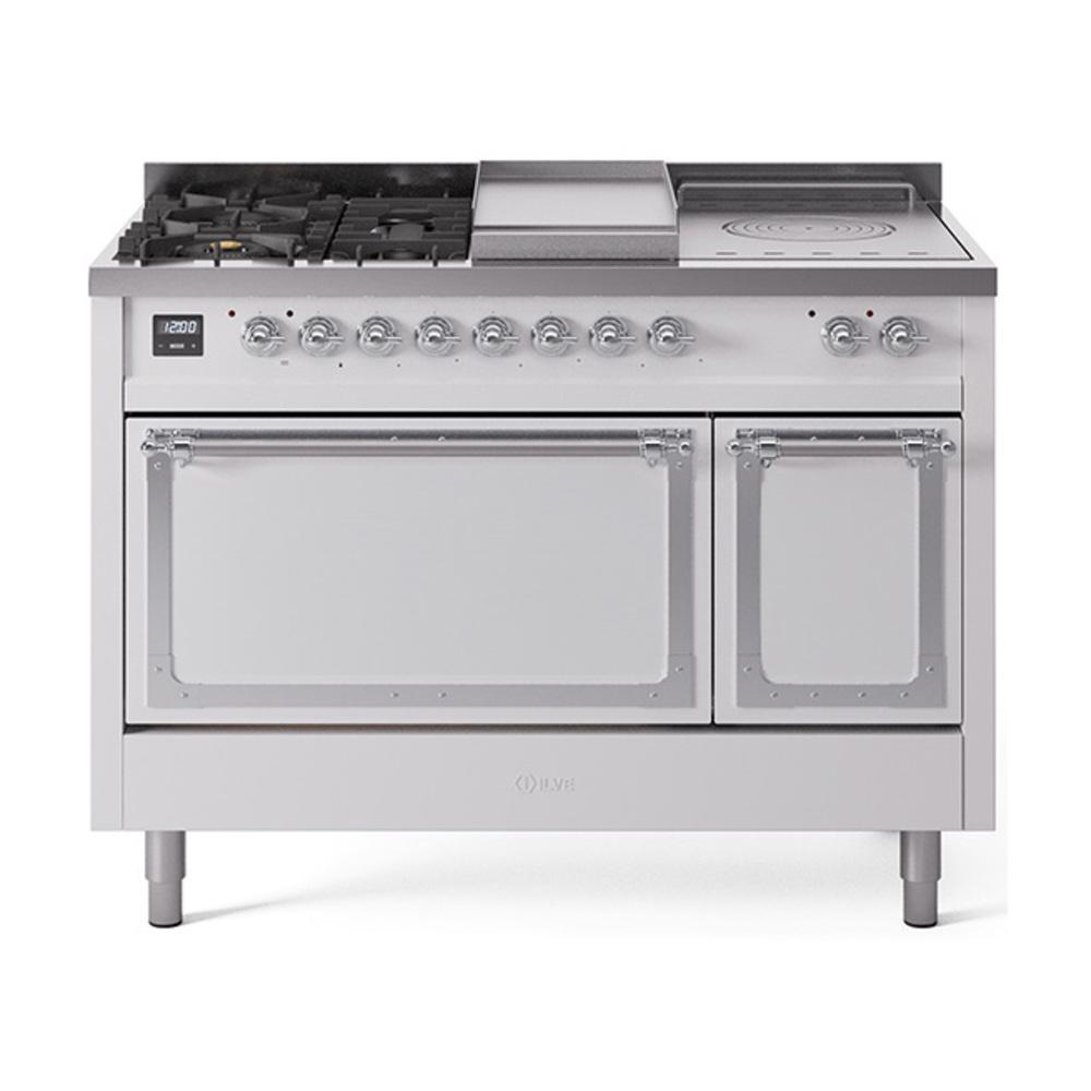 Ilve UN48FSQNMPWHC Ilve Un48Fsqnmpwhc Nostalgie Ii Noblesse 48" Dual Fuel Range (5 Sealed Burners + Griddle + French Top, Natural Gas, Solid Door, White, Chrome)