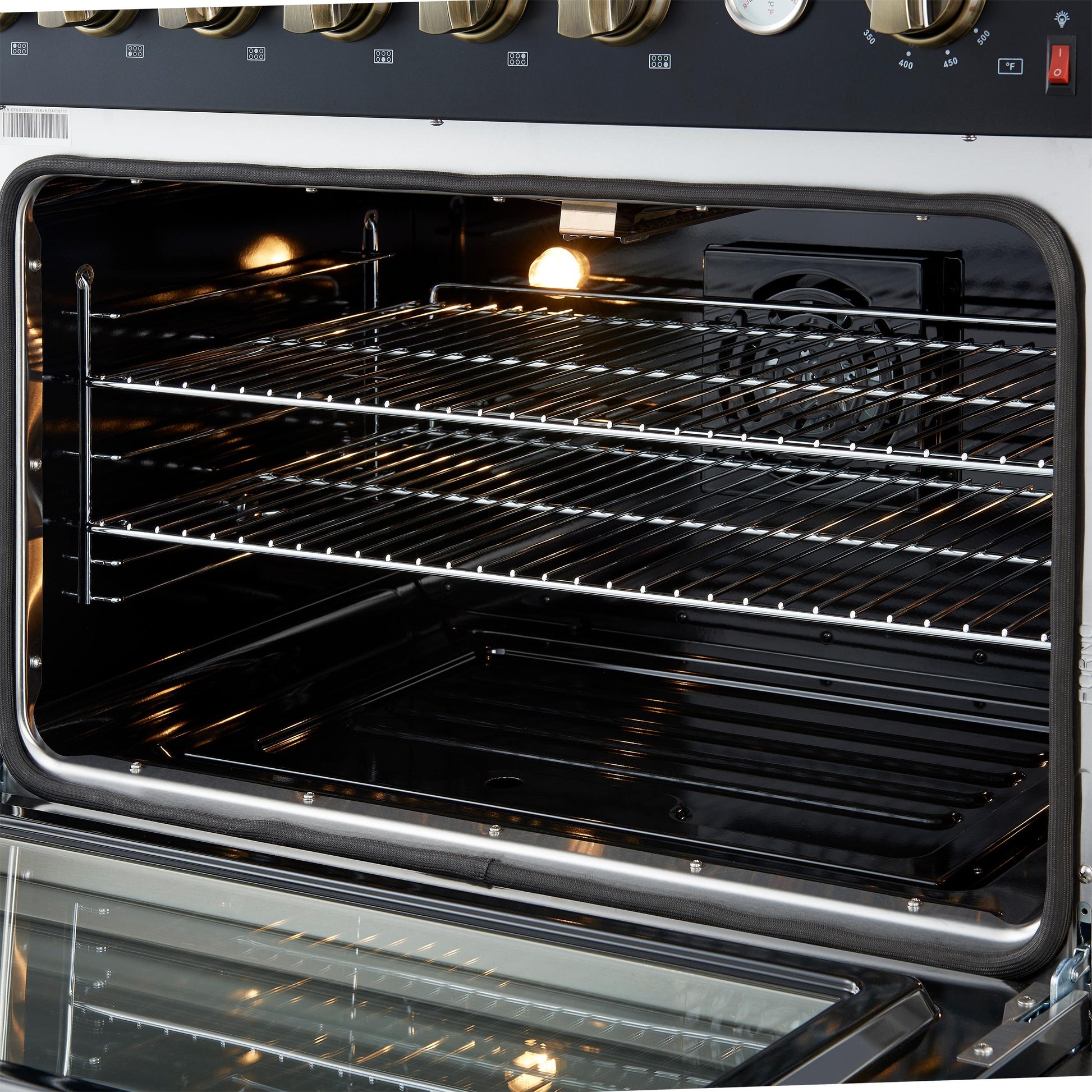 Forno FFSGS627736BLK Marco 36-Inch Gas Range Black & Antique Brass Design, 6 Burners 67,000 Btu, 5.36 Cu.Ft. Convection Oven