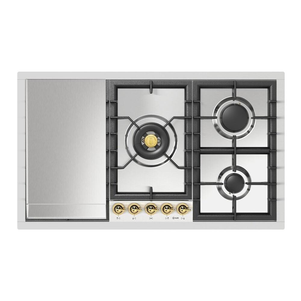 Ilve UHCPT95FNSSGLP Ilve Uhcpt95Fnssglp Nostalgie Ii 36 Inch Built-In Gas Cooktop With Total Black Brass Burners, In Stainless Steel (5 Sealed Burners + Griddle, Liquid Propane, Brass)