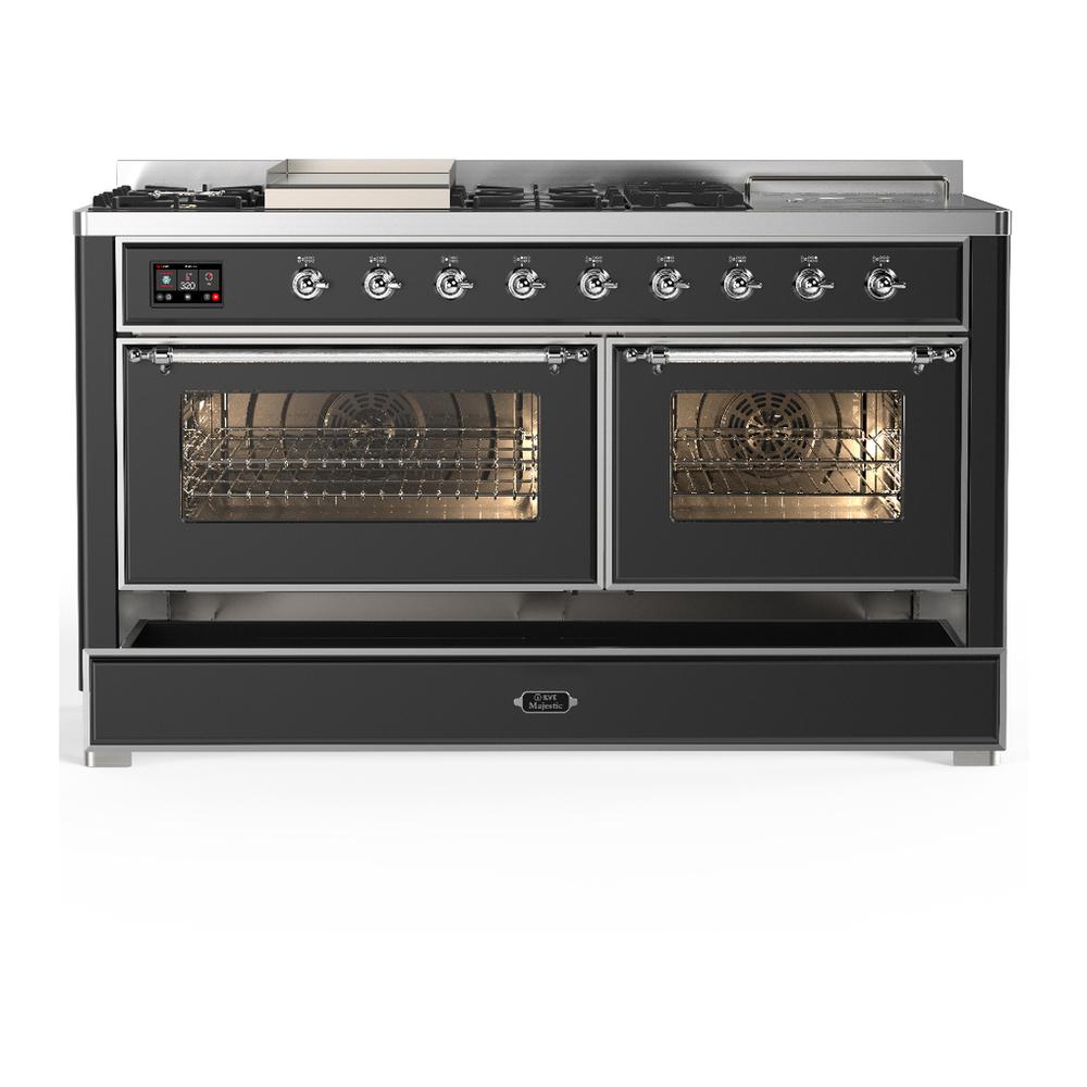 Ilve UM60FSNR3MGCLP Ilve Um60Fsnr3Mgclp Majestic Iii 60 Inch Dual Fuel Range With 7 Burners, Griddle And French Top, Dual Function Burner With Up To 25,000 Btu (Liquid Propane, Triple Glass Door, Graphite Matte, Chrome)