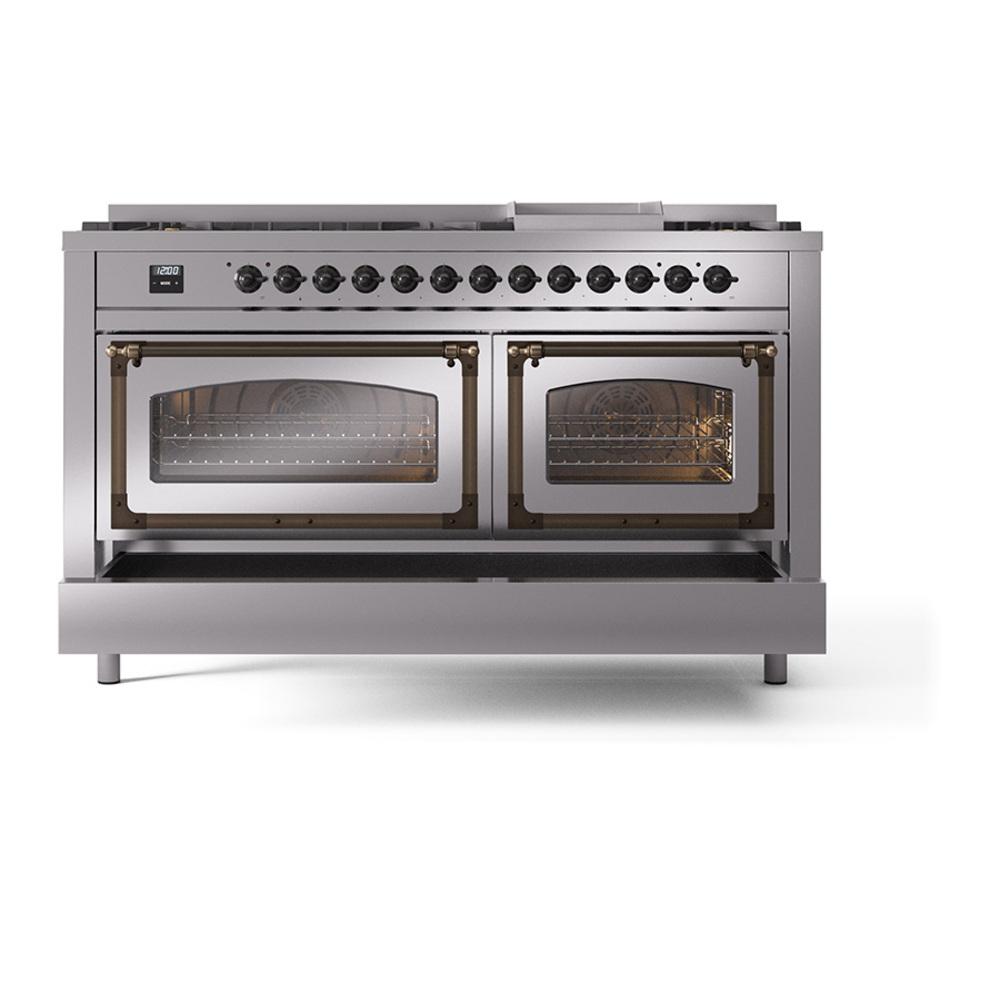 Ilve UN60FNMPSSBLP Ilve Un60Fnmpssblp Nostalgie Ii Noblesse 60" Dual Fuel Range (9 Sealed Burners + Griddle, Liquid Propane, Triple Glass Door, Stainless Steel, Burnished)