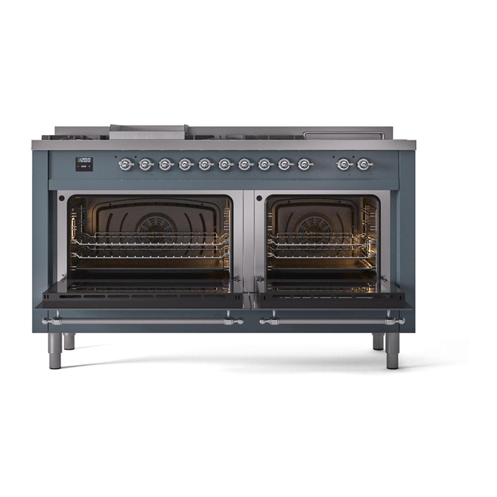 Ilve UN60FSQNMPBGC Ilve Un60Fsqnmpbgc Nostalgie Ii Noblesse 60" Dual Fuel Range (7 Sealed Burners + Griddle + French Top, Natural Gas, Solid Door, Blue Grey, Chrome)