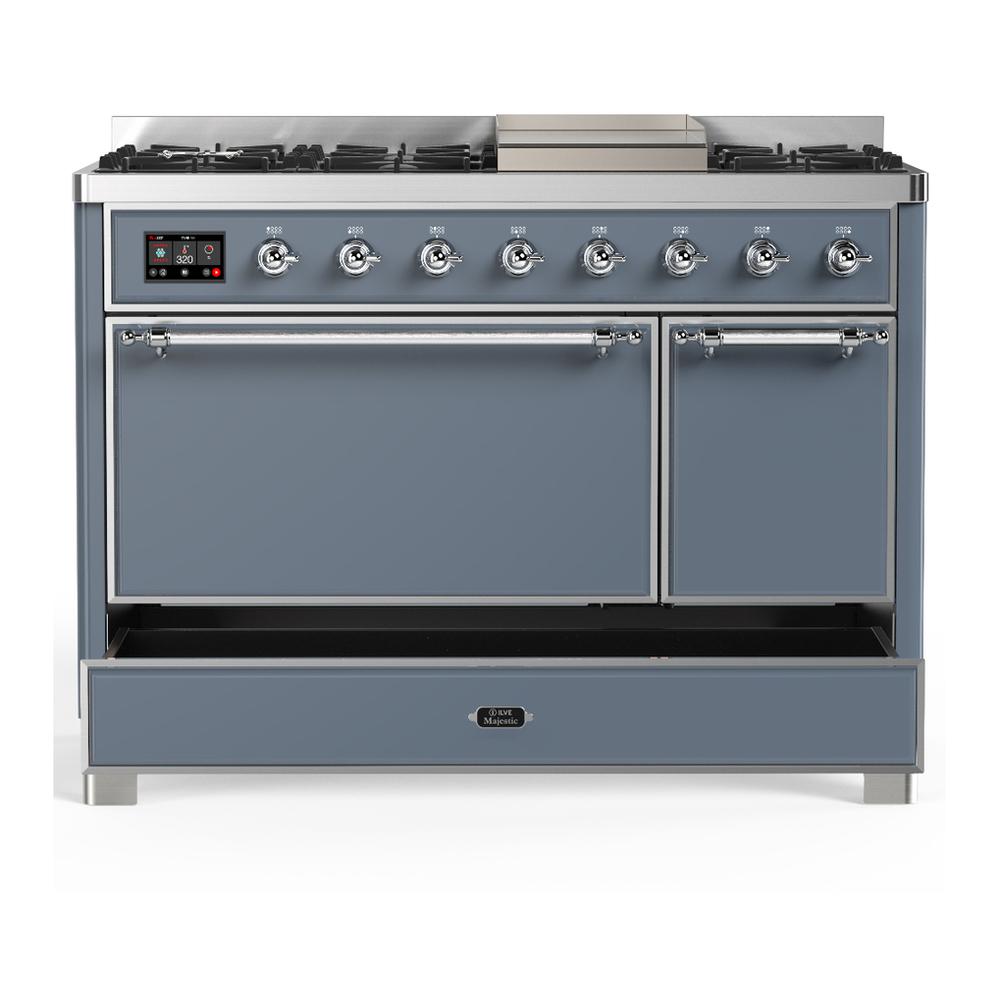 Ilve UM48FQNR3BGCLP Ilve Um48Fqnr3Bgclp Majestic Iii 48 Inch Dual Fuel Range With 8 Burners And Griddle, Dual Function Burner Up To 25,000 Btu (Liquid Propane, Solid Door, Blue Grey, Chrome)