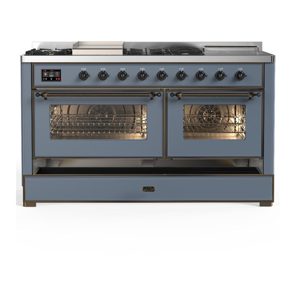 Ilve UM60FSNR3BGB Ilve Um60Fsnr3Bgb Majestic Iii 60 Inch Dual Fuel Range With 7 Burners, Griddle And French Top, Dual Function Burner With Up To 25,000 Btu (Natural Gas, Triple Glass Door, Blue Grey, Burnished)