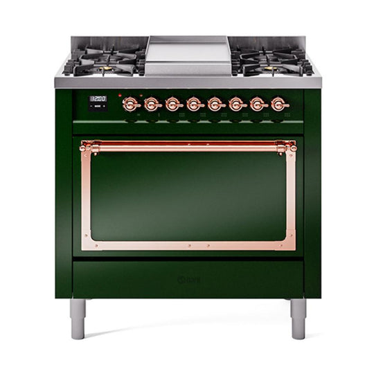 Ilve UN36FQNMPEGPLP Ilve Un36Fqnmpegplp Nostalgie Ii Noblesse 36" Dual Fuel Range (Liquid Propane, Solid Door, Emerald Green, Copper)