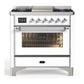 Ilve UM36FNR3WHCLP Ilve Um36Fnr3Whclp Majestic Iii 36 Inch Dual Fuel Range With 6 Black Brass Burners And Griddle, Dual Function Burner Up To 25,000 Btu (Triple Glass Door, White, Chrome, Liquid Propane)